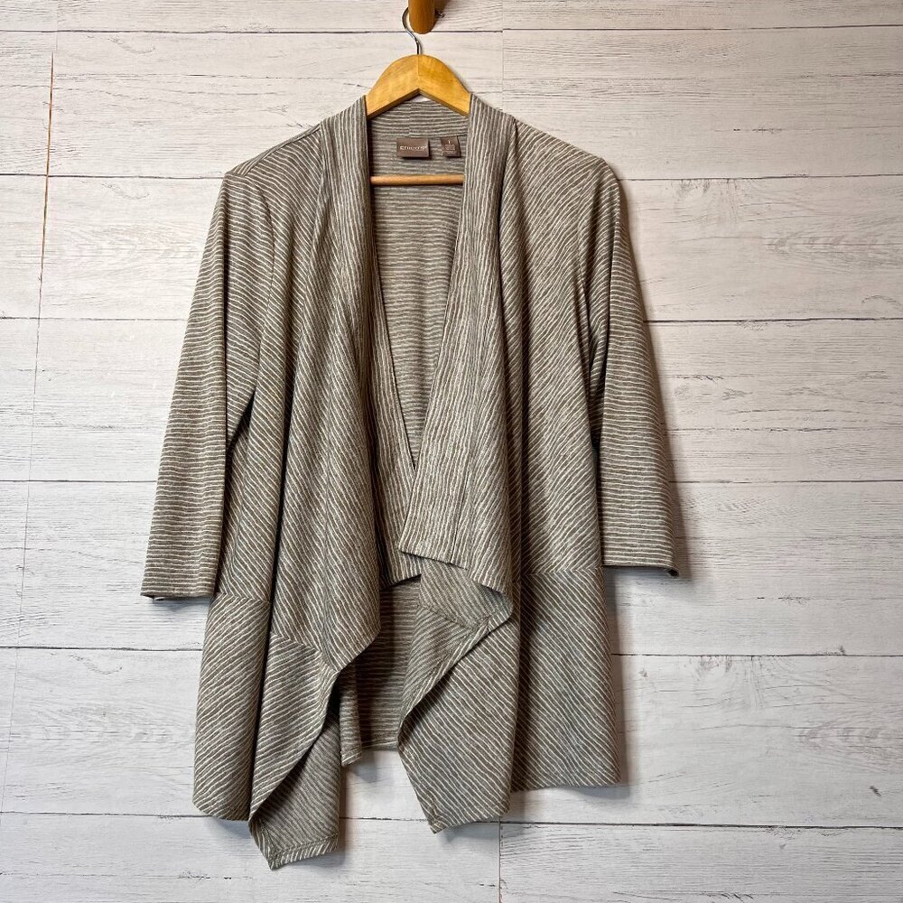 Chicos Cardigan Sweater Womens Size 1/M Sage and White Striped Open Lightweight